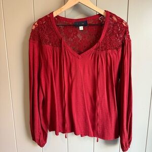 Women’s Long Sleeve Red Blouse Lace Puff Sleeve Shirt Size Medium